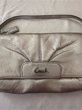 Coach Silver Metallic Leather Wristlet Clutch with Strap
